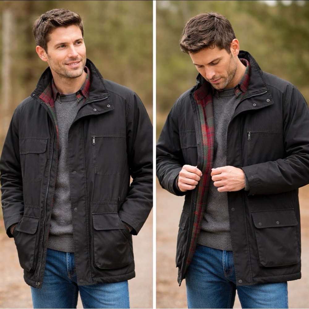 Vintage Eddie Bauer Men’s Black Chore Barn Coat Red Wool Plaid Liner Size M
